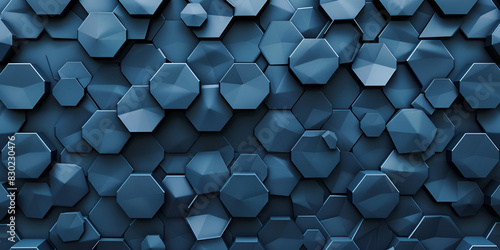 wall made of hexagonal tiles in a deep blue color tiles are slightly raised and have a metallic surface background is dark blue photo