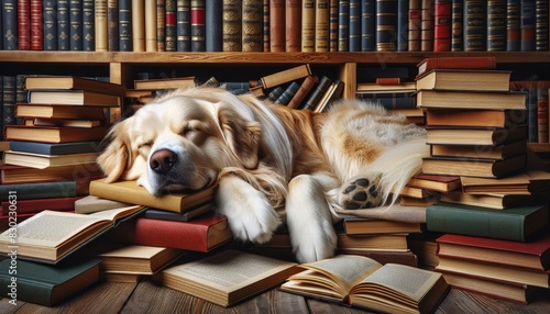 Sleeping Golden Retriever nestled between book stacks - A cream-colored dog sleeps deeply nestled between towering stacks of books in a well-stocked library backdrop © Mickey