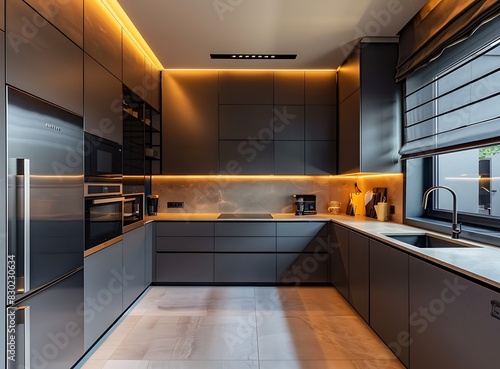 Modern kitchen interior with gray cabinets and beige marble counter  metallic appliances  minimalistic design
