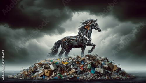 Robot horse standing atop garbage - Artwork of a robot horse made of scrap metal standing on a mound of garbage, depicting environmental issues photo