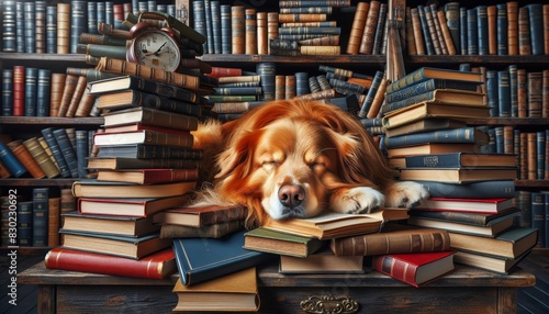 Golden dog sleeping surrounded by books - An adorable golden dog with a serene expression sleeps surrounded by piles of books in a cozy library setting © Mickey