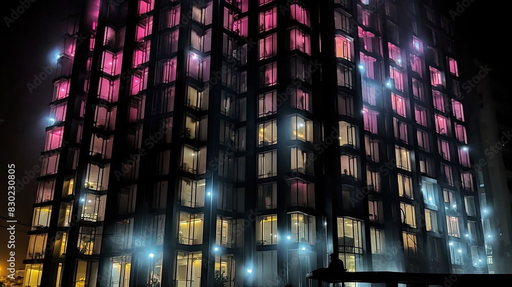 tall modern building glowing windows, urbancore, art event exhbition, tall modern building glowing windows, urbancore, art event exhbition,