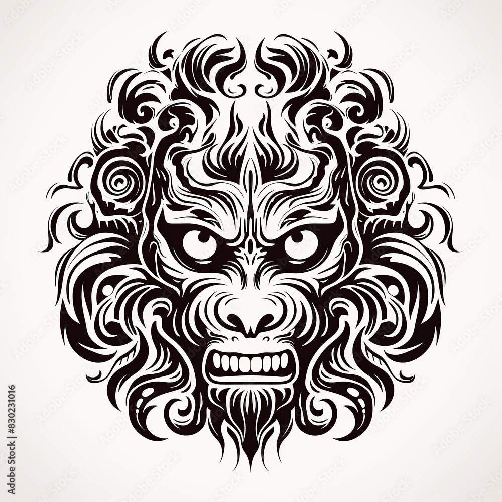 Tribal Monkey Face Black and White Tattoo-Inspired T-Shirt Design