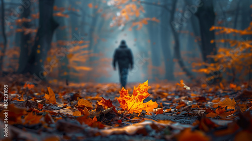 A man walks on a misty forest path covered with vibrant autumn leaves
