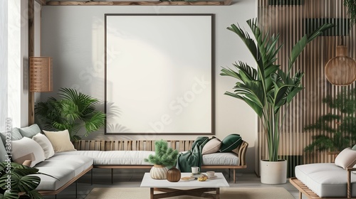 Modern design room interior with white style  home decorative frame  floor poster furniture  canvas wooden image background  creative template house picture  blank living mock