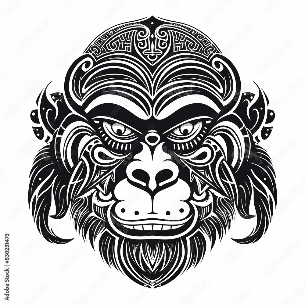 Obraz premium Tribal Monkey Face Black and White Tattoo-Inspired T-Shirt Design