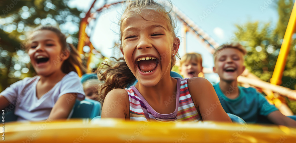 Happy children having fun on a roller coaster Happy children having fun on a roller coaster
