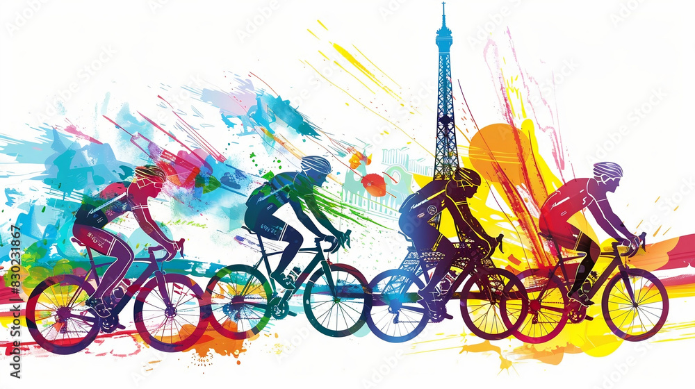 Fototapeta premium Summer Olympics games in Paris 2024. Silhouettes of cyclists against the backdrop of Eiffel Tower in a colorful vector illustration. Abstract illustration watercolour on a white isolated background.