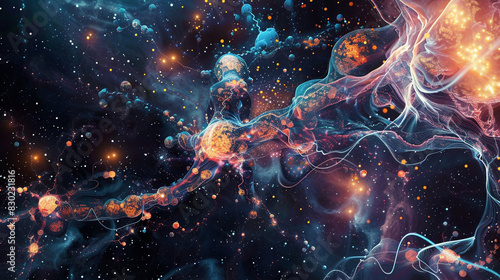 Generate an abstract visualization of cellular ion transport mechanisms, symbolized by dynamic, interconnected pathways against a cosmic, digital backdrop.