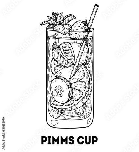 Pimms cup cocktail illustration. Hand drawn sketch. Vector illustration. Isolated object.