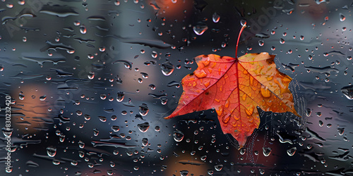 A red orange maple leaf is seen through a rain-streaked window
