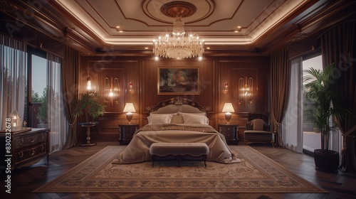 Luxurious master bedroom with a chandelier