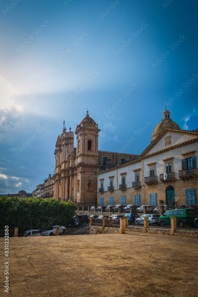 Obraz premium Travel to Italy - front view of Noto Cathedral Minor Basilica of St Nicholas of Myra in Sicily. June 2023