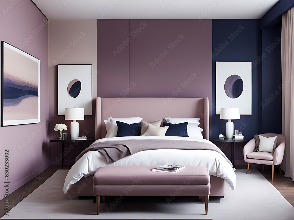 Premium mauve pink, lilac, and blue bedroom in a hotel or home with a big bed, dark navy bedding, empty background for art or wallpaper, painted wall, and decorative mirrors, 3D render
Premium mauve pink, lilac, and blue bedroom in a hotel or home with a big bed, dark navy bedding, empty background for art or wallpaper, painted wall, and decorative mirrors, 3D render