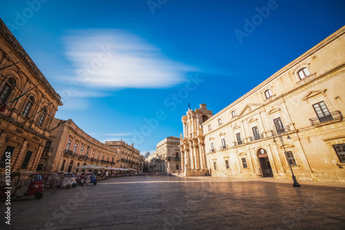 Panorama of an empty Piazza Duomo and of the Cathedral of Syracuse, Sicily, Italy. June 2023