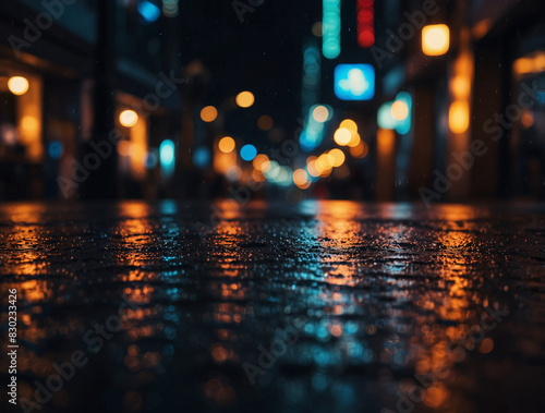 photography of bokeh of reflection lighting neon at the rain in the street  future city
