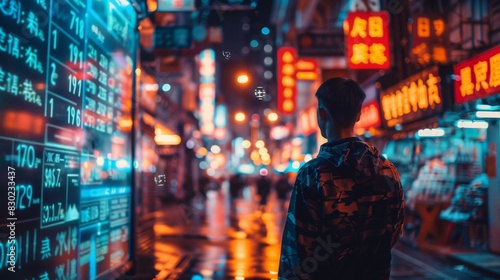 The photo shows a man walking down a busy street at night