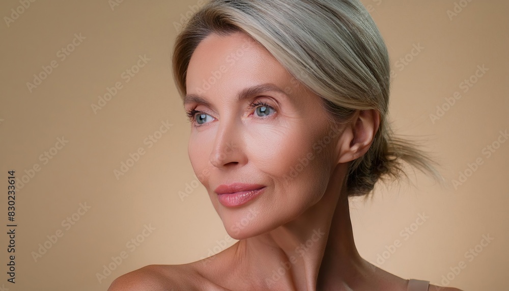 beauty portrait of beautiful middle age woman on beige background beauty portrait of beautiful middle age woman on beige background