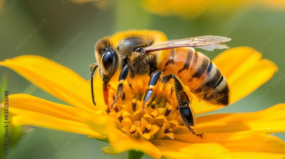 A close-up of a bee on a flower with a blurred yellow flower background and green leaf foreground A close-up of a bee on a flower with a blurred yellow flower background and green leaf foreground