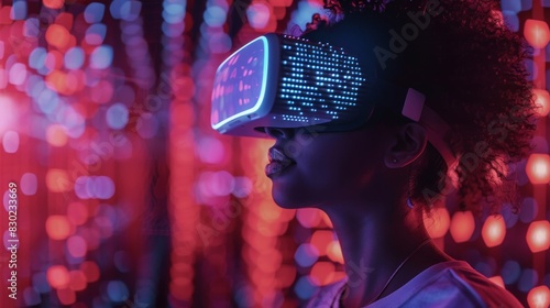 The woman wearing a VR headset is immersed in a virtual world. She is surrounded by a sea of red and purple lights. photo