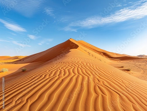 Towering sand dunes with intricate ripples and patterns carved by the wind, under a clear blue sky. The midday sun creates sharp contrasts, emphasizing the textures