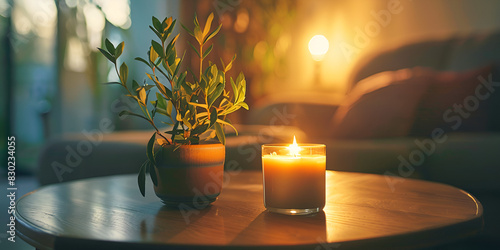 A table with a potted plant and a candle on it ,A lit candle burns on a wooden table next to a potted plant photo