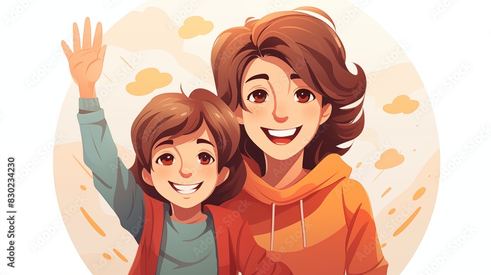 Illustrated Portrait of a Smiling Adult and Child with Waving Hand Illustrated Portrait of a Smiling Adult and Child with Waving Hand