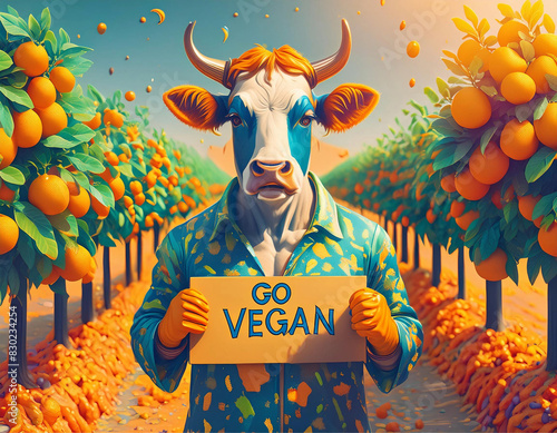 Um boi humanizado, segurando um cartaz com o texto "Go Vegan", com pomar ao fundo.