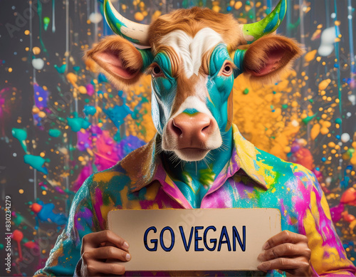 Um boi humanizado, segurando um cartaz com o texto "Go Vegan", com respingos de tinta coloridos ao fundo.