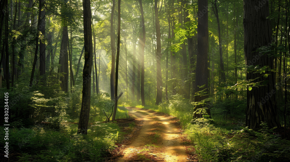 A forest path with sunlight shining through the trees
