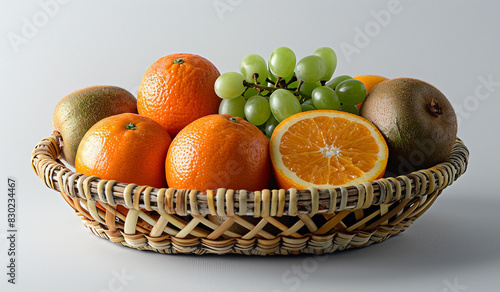 A visually appealing arrangement of fresh, colorful fruits such as grapes, oranges, and kiwis elegantly presented in a classic wicker basket, isolated on a white surface. photo