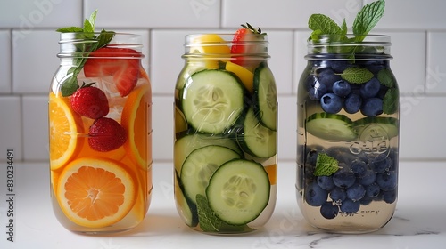 Colorful Detox Water in Clear Mason Jars Against White Tile Backdrop. Healthy Living, Hydration Concept. Vibrant, Fresh Ingredients. AI