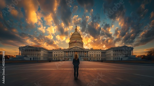 Stunning Sunrise over Capitol Building with Silhouette of a Person Enjoying the View. Dramatic Sky, Outdoor Scenic. AI