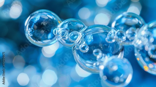  A tight shot of numerous bubbles against a blue-and-white backdrop  featuring a soft  indistinct foreground image of the same bubbles