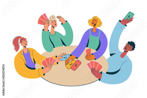 People playing board games. Group of friends or colleagues playing cards. People spend time together