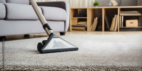 Cleaning a Stained Gray Carpet with a Close-up of a Vacuum Cleaner. Concept Carpet Cleaning, Stained Gray Carpet, Close-up Shot, Vacuum Cleaner