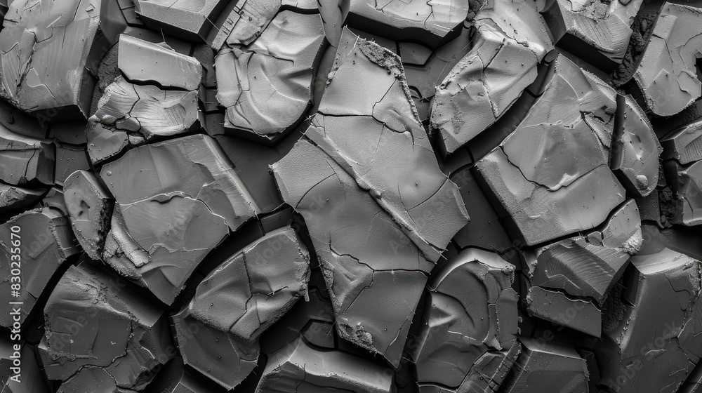 Fototapeta premium A monochrome image of a wall constructed from shattered gray and white paint fragments There's a fissure splitting the middle of the wall