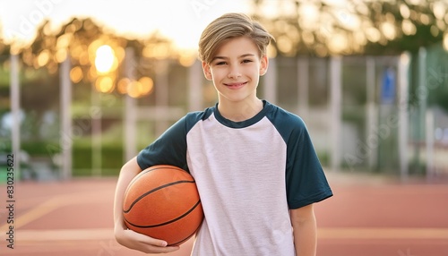 A teen boy in athletic wear confidently holding a basketball on an outdoor court