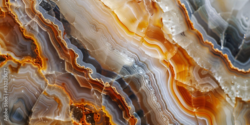 a close-up of a slice of agate crystal, displaying its layers of color and patterns background is a dark grey color photo