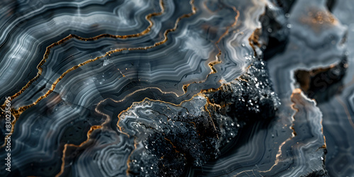 a close-up of a slice of agate crystal, displaying its layers of color and patterns background is a dark grey color