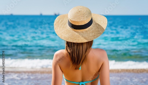  Back view of a young woman wearing straw hat on the seashore