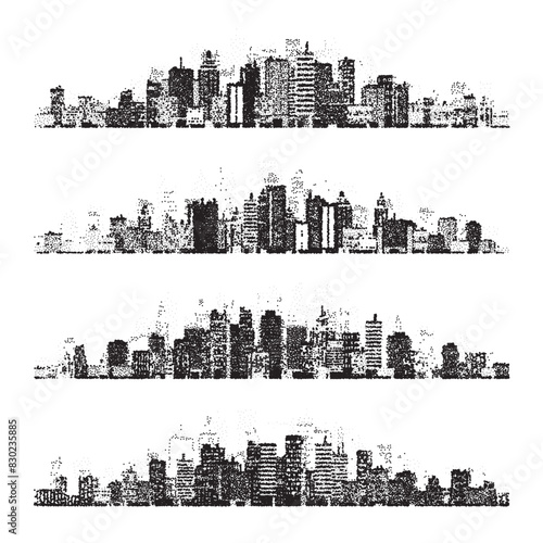 Stippled city silhouettes. Cityscape, town skyline. Midtown, downtown with buildings, houses and skyscrapers. Stippling, dot drawing and shading, stipple pattern, halftone effect. Vector illustration