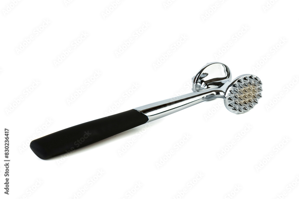 Metal hammer with black meat tenderizer handle on white background. Metal hammer with black meat tenderizer handle on white background.