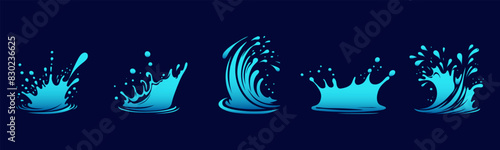 Set of water wave splashes, falling aqua drops, sea or ocean waves. Blue water motion effects shape isolated on background, vector cartoon set