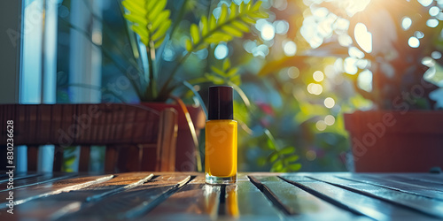mockup A bottle of yellow nail polish sits next to painted nails with background is blurred with a golden light photo