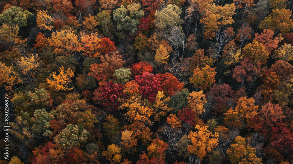 A forest with many trees in various shades of red, orange, and yellow A forest with many trees in various shades of red, orange, and yellow