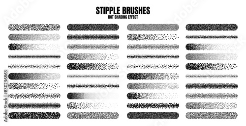 Stipple scatter brush, ink drawing and texturing. Fading gradient. Stippling, dotwork drawing, shading using dots. Halftone disintegration effect. White noise grainy texture. Vector illustration