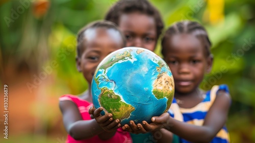 Empowering African Children - Young Kids Holding Earth Globe with Nature Background and Copy Space for Education and Environment Concepts