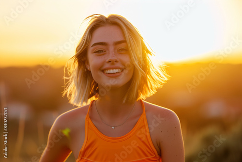 Gleeful Woman in Sports Attire: Blonde Hair, Short Bob Hairstyle, Against Vibrant Sunset photo