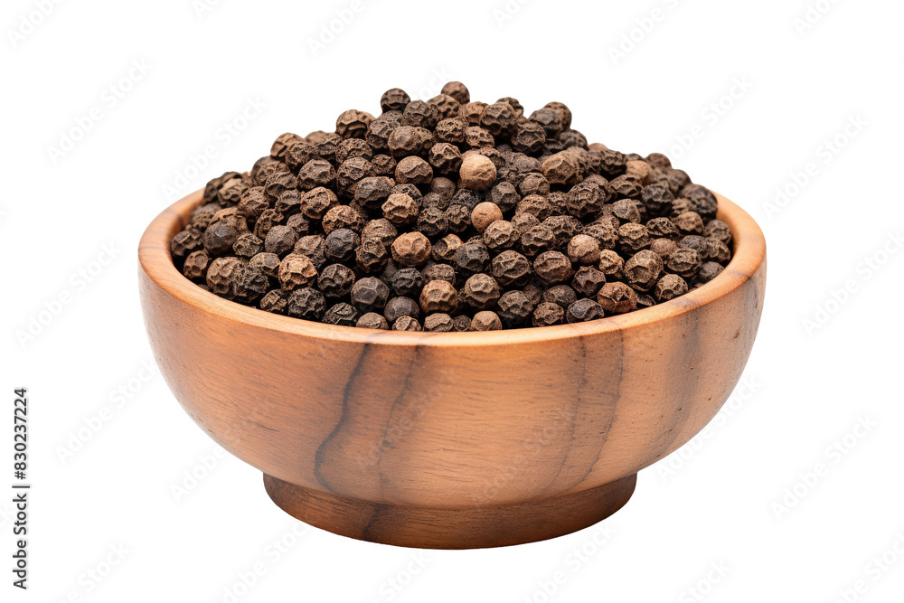 A wooden bowl filled with whole black peppercorns. A wooden bowl filled with whole black peppercorns.